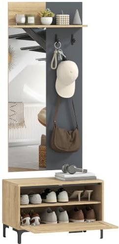 HOMCOM Garderobe Set mit Spiegel, Haken 60 x 13,5 x 127,5 cm Naturholz | Schuhbank, Ablage, Garderobenständer, Garderobenset, Flurgarderobe mit Klappschublade, für den Flur