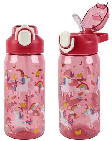 MHwan Botella Agua Niños, 600 Ml, Robusta, a Prueba de Fugas, Sin BPA, con Apertura de un Solo Toque, Fácil de Limpiar, con Pajita, Ideal para La Colegio y el Exterior (Unicornio)