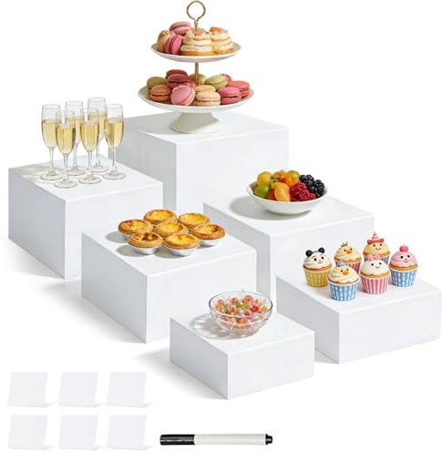 BEZORR 6 Pcs Plinths Acrylic Food Risers,White Dessert Stands for Buffet Table Display, Cupcake Tower, Cake Stand, Jewelry Show, Catering Events (8 + 7.5 + 7+6.8+6+5)