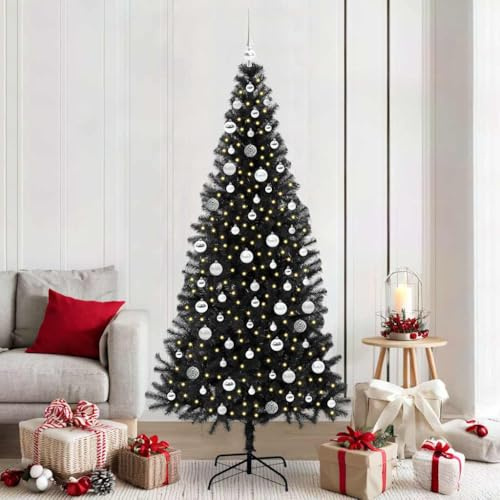 Albero di Natale con 300 LED bianco caldo, 210 cm, nero, PVC, albero di Natale artificiale con supporto, per interni ed esterni