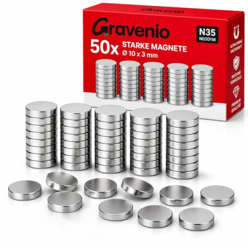 GRAVENIO Neodym Magnete stark Ø 10x3 mm N35, 50 Stück – 1,5 kg Haftkraft