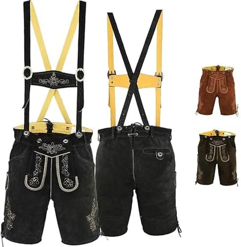 German Wear Kurze Trachtenlederhose Lederhosen mit Hosenträger (DE/NL/SE/PL, Numerisch, 46, Regular, Kurz, Schwarz)