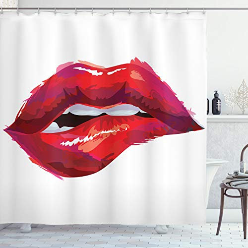 ABAKUHAUS Lippen Duschvorhang, Frau Beißende Lippen, Stoffliches Gewebe Badezimmerdekorationsset mit Haken, 175 x 200 cm, Dunkler Coral Pink Weiß