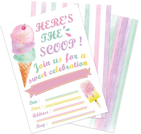 WERNNSAI Glitter Eiscreme Partyeinladungen mit Umschlägen - 20PCS Süß füllen Sie einladen Karten aus zum Mädchen Geburtstag Babydusche Hochzeit Sommer Schwimmbad Strand Partyzubehör Einladungen