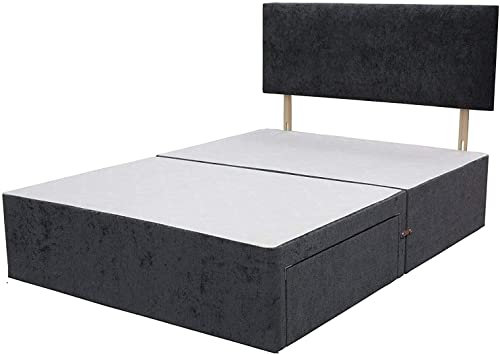 Divan Beds Deals - Luxurious Black Crush Velvet Divan Bed Frame - Divan Bed Base With 20” Plain Headboard | Optional Storage Drawers | Bedroom Furniture for Home Decore (2 Drawers 3FT Single)
