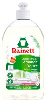RAINETT - Liquide Vaisselle Mains - Formule Hypoallergénique - Préserve les Peaux Sensibles - Flacon Recyclé & Recyclable - Ecolabel - Amande - 500 ml