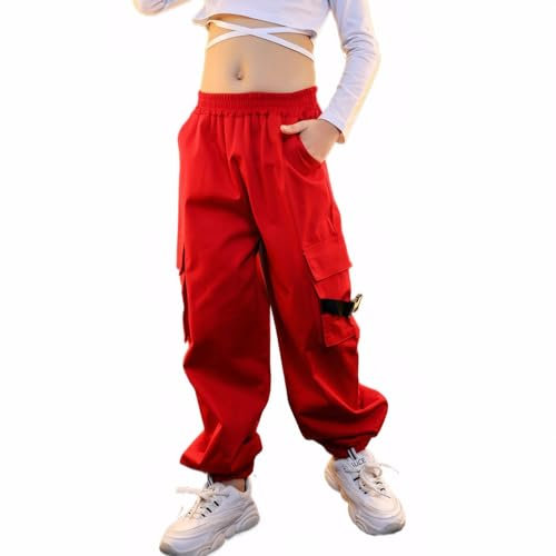 Pantalon Cargo Enfant Fille Pantalon de Jogging pour Filles Hip Hop Street Dancewear Costume 4-15 Ans(Rouge,11-12 ans/160)