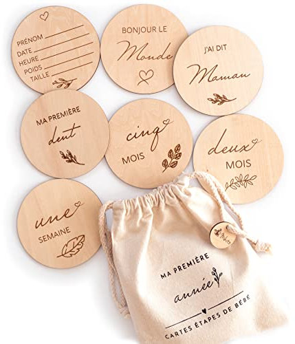 Cartes étapes bébé en bois en FRANÇAIS - 30 moments de la naissance à 1 an sur 15 disques en bois gravés recto-verso, Cadeau futurs parents/future maman/baby shower. Milestone - Mikito (Français)