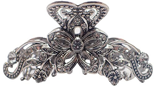 Topkids Accessories Vintage Hair Claw Clips Metal Flower Butterfly Bulldog Grips Silver Gold Women Girls Wedding Bridal Sparkly Clamp Jaw Rhinestone Gems (Silver Crystal Flower 7.5cm 3)