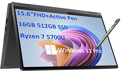 Lenovo IdeaPad Flex 5 Touchscreen 2 in 1 da 15,6 (AMD 8-Core Ryzen 7 5700U, 16 GB di RAM, SSD PCIe 512 GB, webcam, stilo attivo), laptop convertibile FHD, retroilluminato, impronte digitali, penna
