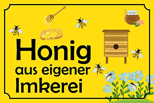 DekoDrom® Blechschild 20x30 cm Honig aus eigener Imkerei Bienen Frühstück süß gelb Tafel Wand Deko Bar Kneipe Cafe Sammler Geschenk