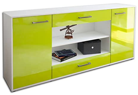 Lqliving Kommode Sideboard Feli, Korpus in Weiss matt, Front im Hochglanz-Design Grün (180x79x35cm), inkl. Metall Griffen, Made in Germany