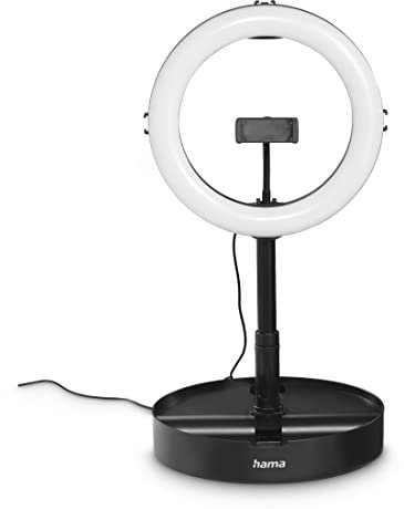 Hama LED Ringlicht mit Stativ Handy faltbar (10,2“ Ringleuchte, 26,5 cm Durchmesser, Tisch Stativ für die Kamera, ausziehbar bis 138 cm, dimmbares LED Tischringlicht, zum Einklappen) schwarz