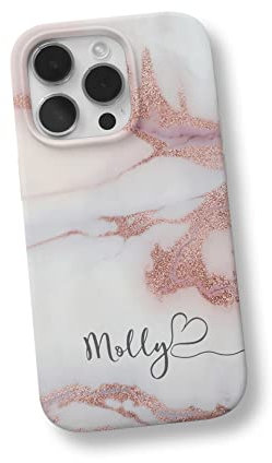 iCaseDesigner Personalised Marble Glitter Flowing Name with Heart Phone Case Compatible with iPhone 14-12. White Marble with Faux Rose Gold Sparkle Name
