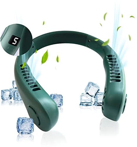 GALAXYER Neck Fan with Screen Display and 5 Speeds Levels, Green USB Rechargeable Bladeless Cooling Fan, Quiet Neck Cooler Personal Hanging Fan for Indoor Outdoor Travel Sports