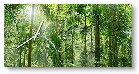 DEQORI Glasuhr | vertikal 60x30 cm | Motiv Mitten im Dschungel | große XXL Design Uhr aus Glas | leise Wanduhr für Wohnzimmer & Küche | moderne Hingucker Uhr für die Wand