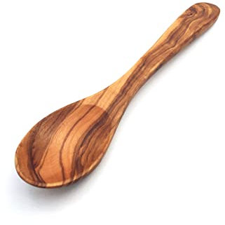 Cucharada de 20 cm de forma fina, ligera, cuchara de madera hecha a mano de madera de olivo, regalo sostenible