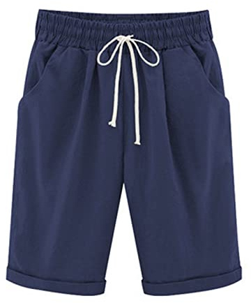 oglccg Womens Half Pants Plus Size Knee Length Cotton Linen Shorts with Pockets Summer Solid Beach Vacation Straight Leg Trousers Drawstring Elastic Waist Bermuda Work Shorts, Dark Blue 4XL