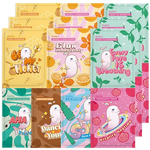 ZealSea Masques visage en tissu, soins beauté, lot de 21, cadeaux spa femme | Masques aux ingrédients naturels, hydratent & apaisent toutes peaux, cadeaux spa et anniversaire pour enfants, ados et filles
