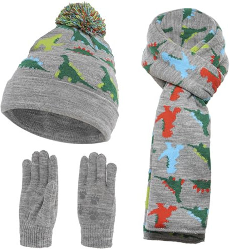 NATUST Mütze Schal Handschuh-Sets für Jungen Dinosaurier Wintermütze mit Bommel Warmer Strickschal Handschuhe Grau
