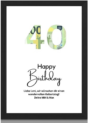 MilaBoo® personalisiertes Geldgeschenk zum Geburtstag Zahl I Hahnemühlen Papier Made in Germany A3 A4 A5 I mit Bilderrahmen schwarz oder weiß