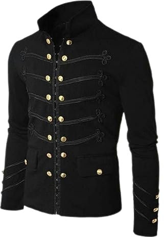 AYAZER Herren Vintage Military Gothic Parade Jacke Gestickte Knöpfe Einfarbige Oberteile Vintage Uniform Reißverschlussjacke-Schwarz-XL