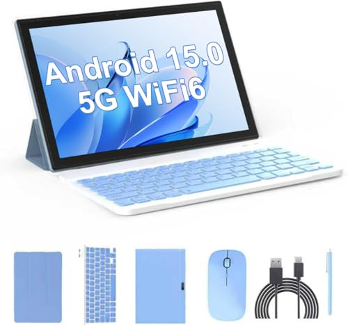 Tablette 2 en 1 Android 15 avec clavier, étui souris, stylet, tablettes 8 Go + 32 Go, tablette tactile HD, 2 MP + 8 MP, double caméra 6000 mAh, WiFi6, Bluetooth, tablette PC Bleu