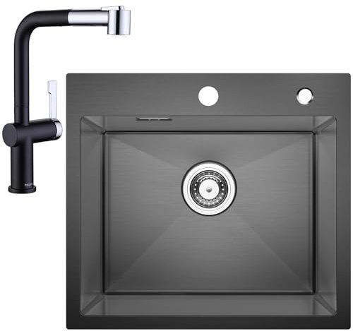 CECIPA 50 * 45CM Spülbecken Schwarz Grau 1 Becken Mit Mischbatterie Küche Schwarz Chrom