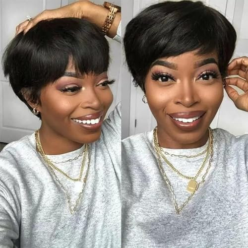 QUEENTAS Perruque de cheveux humains courts pour femme noire coupe Pixie Perruque brésilienne sans colle pour un usage quotidien Noir naturel #1B