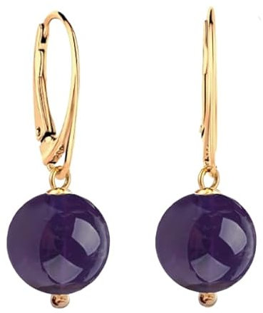 I.L.U.S 18K Vergoldete 925 Silber Ohrringe12 mm Rundem Natürlichen Amethyst Anhänger Kristall-Natur Lila Edelstein Schmuck Damen-Ohrringe Gold Hängend Händgemachte Modisch