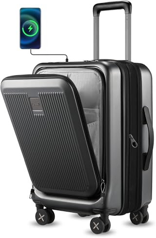 LUGGEX Valise Bagage à Main avec Compartiment pour Ordinateur Portable - Valise Rigide Extensible avec Port USB, 4 roulettes, TSA, 56 cm, Noir