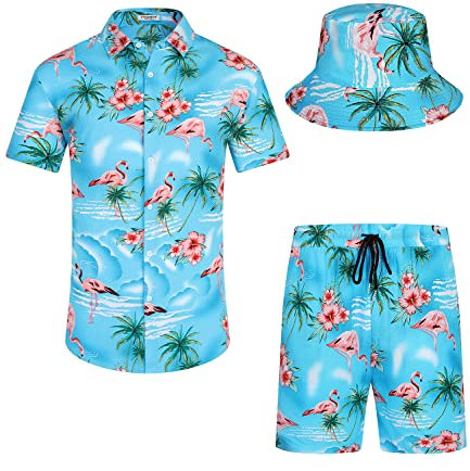 SPKPKEY Men's Flamingo Hawaiian Shirt and Short Set 2 Piece Vacation Outfits Sets with Bucket Hats Sky Blue X-Large