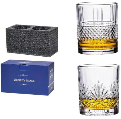 hosck 340ml Whiskey Gobelets Ensemble de 2 Verre de Whisky Embossé, Verre à vin pour la Bière, Cocktail, Whisky, jus et Diverses Boissons Mélangées, Verrerie Allant au Lave-vaisselle