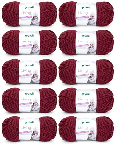 Gründl Wolle Living - Dicke Wolle zum Häkeln und Stricken - Winterwolle - Weich und wärmend - 80% Polyacryl, 20% Polyamid - 10 Knäuel 100 g / 100 m - Nadelstärke 8-9 - weinrot