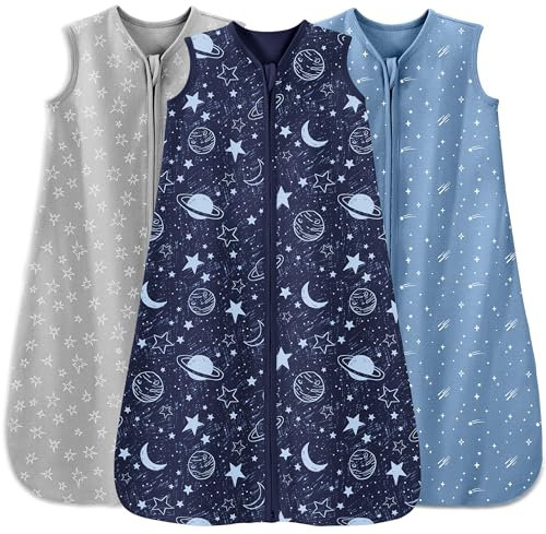 Unnivoll 3er Pack Schlafsack Baby Sommer 0.5 Tog 100% Baumwolle Sommerschlafsack Babyschlafsack 0-6 monate 67 cm für Jungen Mädchen Neugeborene Grauer Blauer Planet