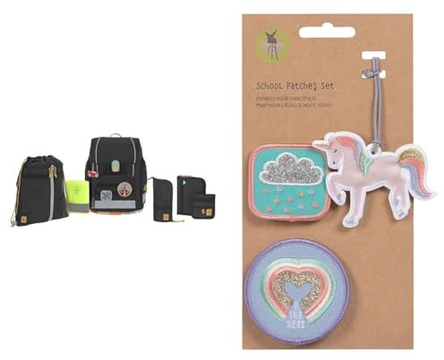 LÄSSIG 7-teiliges Schulranzen Set Kinder/School Set Boxy Unique Schwarz & Anhänger und Patches Set (3 STK.) mit Druckknopf/School Patches Set Unicorn Glitter