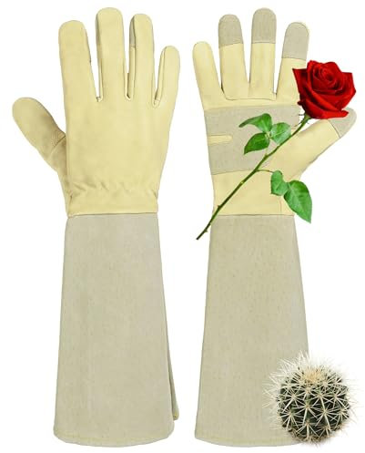 HANDLANDY Gartenhandschuhe lang für Damen und Herren, Ziegenleder, Rosen-Gartenhandschuhe, atmungsaktiv und langlebig, Beige, Größe L
