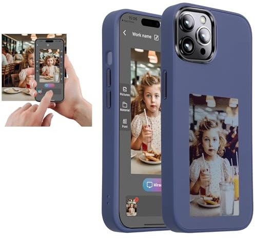 E-Ink Handyhülle für iPhone 14 Pro Max, personalisierbar über App, smarte Foto-Rückprojektion, zeigt Fotos sofort auf dem Tintenbildschirm auf der Rückseite an, blau