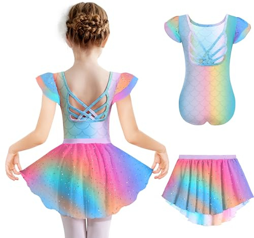 Arshiner Ballet Robe à Manches Courtes pour Fille Robe De Danse Arc-en-Ciel Costume De Ballet en Coton Enfants Justaucorps De Ballet Ballerine pour Tout-Petits Tenues avec Tutu 9-10 Ans