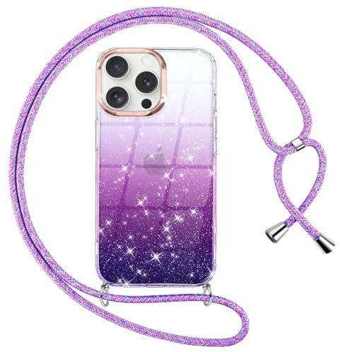 Oelrstfe Funda Glitter para iPhone 16 Pro con Cuerda Carcasa Transparente Silicona con Correa Cordón Colgante Collar Ajustable Antigolpes Cuello Cadena Purpurina Degradado Protectora Case,Púrpura
