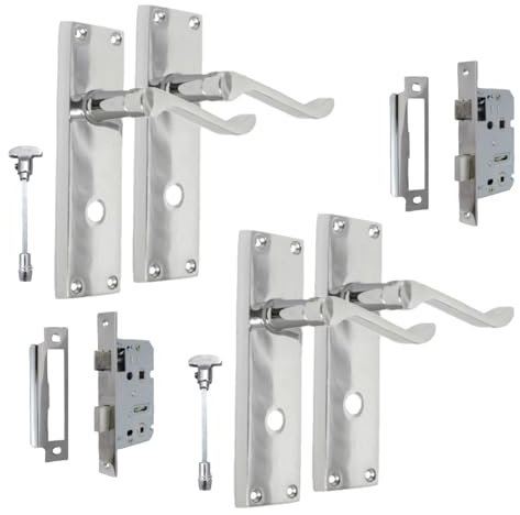 Chrome Bathroom Door Handle with Privacy Lock Set & 3 Lever Sash Lock x 2 - Victorian Style Internal Thumb Turn Latch for Interior Doors Polished Chrome Door Handles, Back Plate, 150 x 42mm,