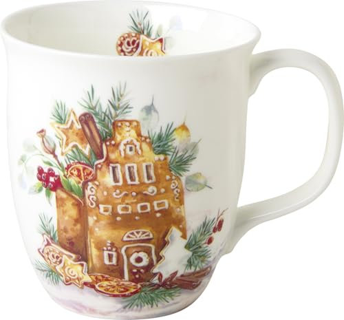 IHR - BOC 1058600 - Kaffee Becher, Gingerbread House, Lebkuchenhaus, Porzellan, Bone China, 10cm x 9cm, 375ml, spülmaschinen- und mikrowellengeeignet