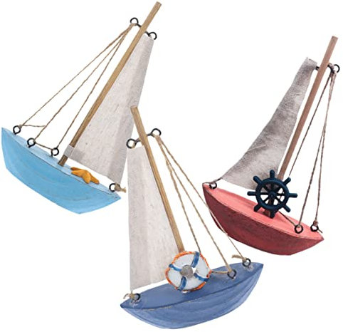 VILLFUL 3pcs Mediterranean Wooden Sailboat Model Ornaments Sailing Ship Ornament Home Decor Supplies Wooden Boat Crafts Coastal Bedroom Decor