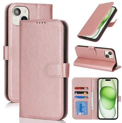 Zouzt Case for iPhone 15 (6.1 Inch), Premium PU Leather Wallet Case with Credit Card Holder Slot Flip Folio Kickstand Shockproof Protective Phone Cover (Rose Gold)