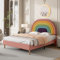 4ft6 Double Bed Frame, Upholstered Platform Bed with Adjustable Rainbow Headboard, Sturdy Wooden Slat Support/No Box Spring Needed, Youth Beds for Adults Kids Teenagers, Velvet, Pink, 135x190 cm
