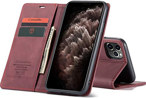owlhold Hülle iPhone 11 Pro Max klapphülle Premium Lederhülle Weiches Vintage-Nubukleder Faltbare Ständer Schutzhülle Kartenfach Standfunktion stoßfest Handyhülle iPhone 11 Pro Max -Weinrot