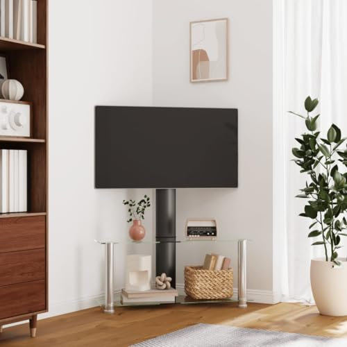 Tidyard TV Eckregal,TV Schrank mit 2 Ablagen, ±25° Schwenkbar TV Ständer Regal für 32-70 Zoll, TV Konsole Fernsehtisch Eckschrank, Schwarz Silbern