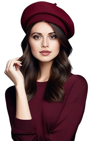 Damen Barrett Mütze Paris Style Baskenmütze dunkel rot Kaschmir Wolle für eleganten Stil Uni Farbe französisch Künstler (Wein Rot)