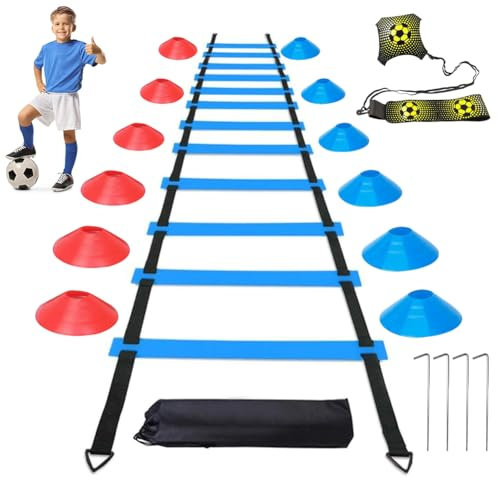 EUBSWA Accessoires d'entraînement de football pour garçons, kit d'entraînement de football avec échelle de coordination de 6 m, 12 cônes d'entraînement de football et entraîneur de football pour