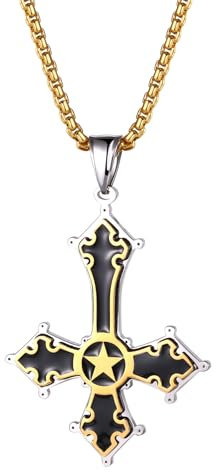 JewelryWe Umgekehrt Kreuz Halskette Herren: Edelstahl Satanisches Umgedreht Upside Down Kreuz Petruskreuz Stern Anhänger Kette Satanismus Satan Gothic Punk Schmuck Geschenk, Gold Schwarz Silber